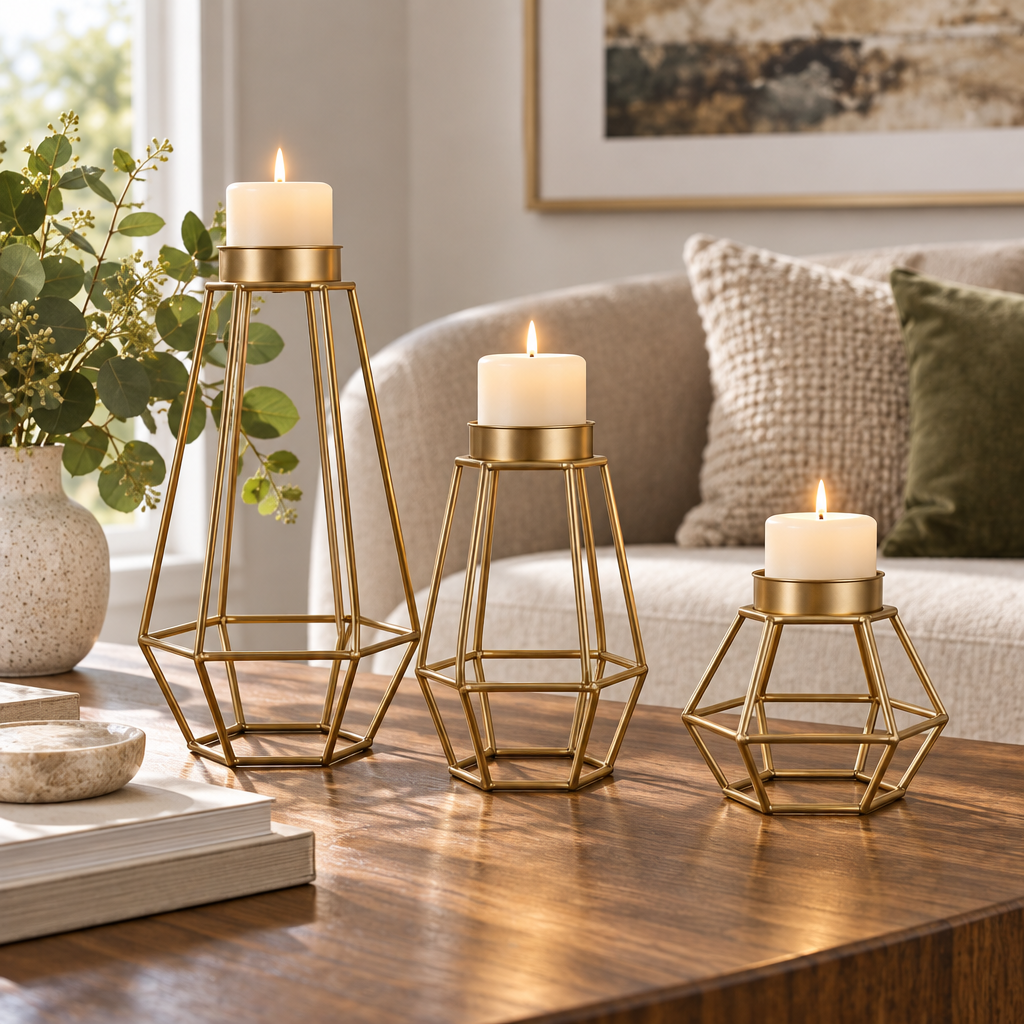 Tovelyq GeoFlame Metal Geometric Candleholder Set image 2