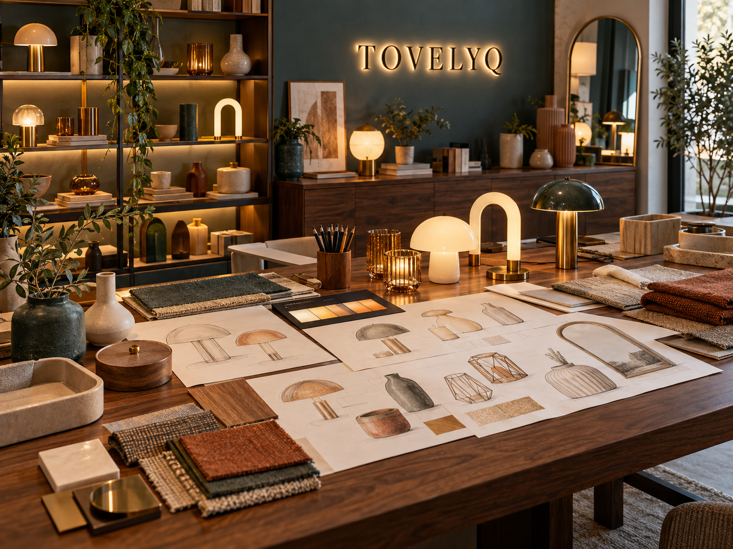 Tovelyq interior-product studio with lighting and home decor sketches, material samples and finished prototypes